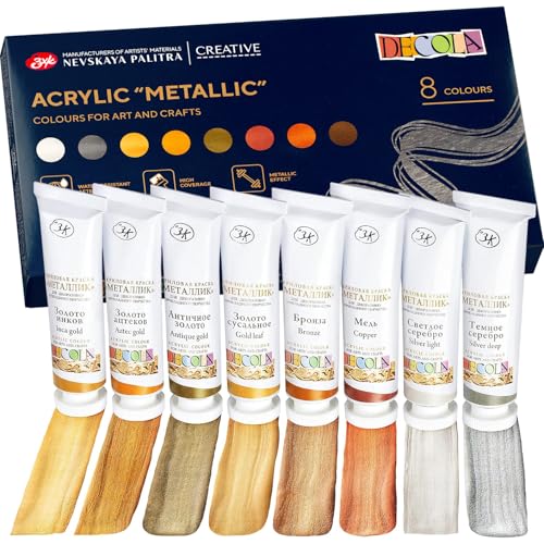 Decola - Metallic Effekt Acrylfarben Set | 8 x 18 ml Acryl Tuben | Malen und Dekorieren auf jeder Oberfläche | von Nevskaya Palitra