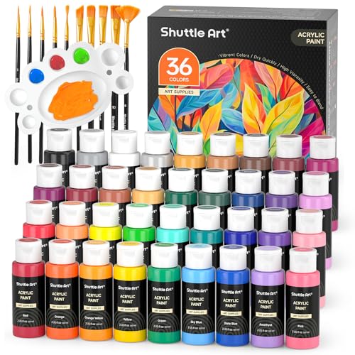Shuttle Art 36 bunte Acrylfarben Set (je 60ml) mit 12 Pinselset & 1 Palette