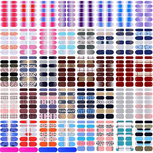 520 Stücke Vollabdeckung Nagellack Aufkleber Selbstklebende Nagelkunst Aufkleber Abziehbilder Nagellack Streifen mit Nagelfeilen für Frauen Mädchen DIY Nagelkunst (Unterschiedlich Stile)