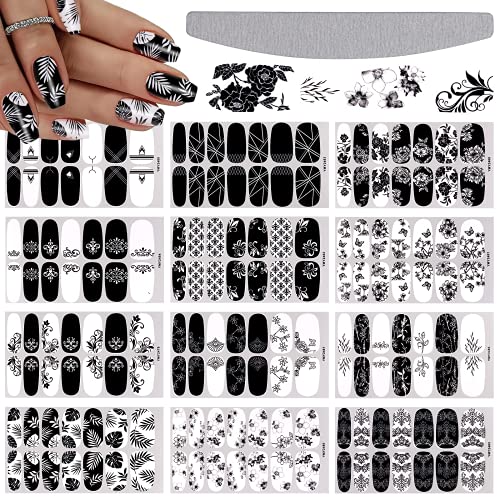 EBANKU Nagellack Aufkleber Selbstklebende mit Nagelfeile, 12 Sheets Schwarze und Weiße Blumen Self-Adhesive Manicure Sticker, Beautiful Fashion DIY Decoration (Blume A)