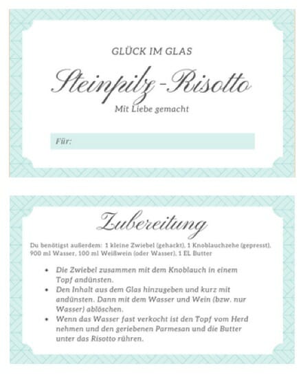 Etiketten für Steinpilzrisotto im Glas